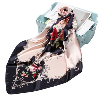 Moda Floral Print Eșarfă de Păr Pentru Femei Basma de Mătase Satin Hijab Marame 90*90cm Pătrat Șal Bentita Eșarfe Pentru Femei 2019