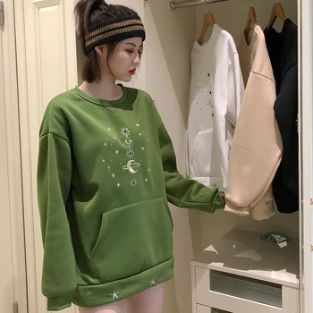 Moda Gros geometrice broderie Tricou Femei Pulover Topuri Casual supradimensionate fleece Jachete Toamna Iarna cald hanorace