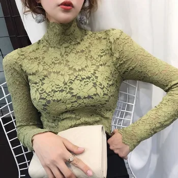 Moda Guler Înalt Gol Tricou Bottom Topuri Femei Sexy Lace Pulover T-Shirt