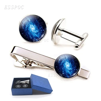 Moda Nebuloasă Galaxie Spațiu de Imagine de Sticlă Cabochon Butoni și Cravată Clip Nunta Mirele cel Mai frumos Cadou