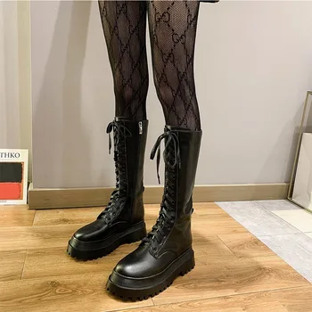 Moda Negru De La Jumătatea Vițel Rotund Toe Botas Mujer Platforma Apartamente Cu Fermoar Dantela-Up Pantofi De Iarna Femei Din Piele Fund Gros Cizme Femei