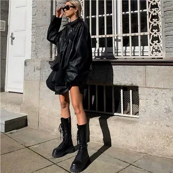 Moda Negru De La Jumătatea Vițel Rotund Toe Botas Mujer Platforma Apartamente Cu Fermoar Dantela-Up Pantofi De Iarna Femei Din Piele Fund Gros Cizme Femei