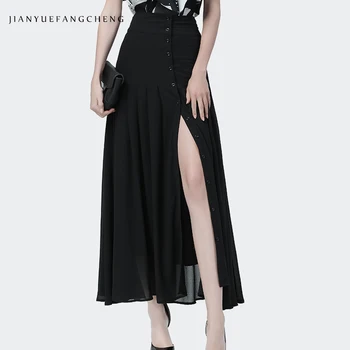Moda Negru Șifon Fusta Femei Glezna-lungime Lunga de Vara, Fuste de Înaltă Talie O-Linie Side Split Leagăn Mare Casual, Fuste Plisate