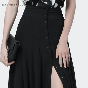 Moda Negru Șifon Fusta Femei Glezna-lungime Lunga de Vara, Fuste de Înaltă Talie O-Linie Side Split Leagăn Mare Casual, Fuste Plisate