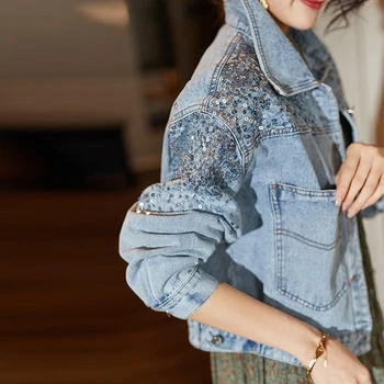 Moda Paiete Scurt Denim Sacou Pentru Femei Singure Pieptul Streetwear Stil Coreean Jean Strat De Primăvară Denim Uza De Sex Feminin