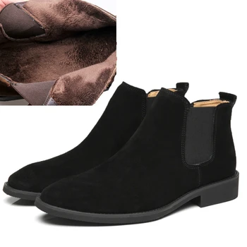 Moda pentru bărbați chelsea cizme de pluș cald iarna pantofi exterior piele naturala snow boot băiat de oraș glezna botas masculinas sapatos