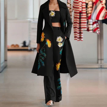 Moda pentru femei 3Pcs Set Palton Lung Înfășurat în Piept Pantaloni de Primavara Toamna Crizantema de Imprimare de Costume Pentru Femei Nou de Vânzare Fierbinte