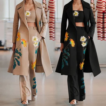 Moda pentru femei 3Pcs Set Palton Lung Înfășurat în Piept Pantaloni de Primavara Toamna Crizantema de Imprimare de Costume Pentru Femei Nou de Vânzare Fierbinte