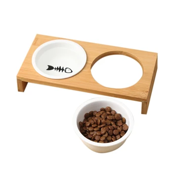 Moda Pisică Câine Alimentatoare Boluri Din Bambus Tacamuri Ceramice Alimente Pentru Animale De Companie Bol De Apă De Înaltă Calitate Antiderapante Animal De Casă Supplies Câine Pisică Castron M