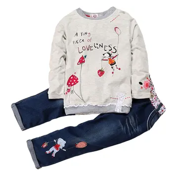 Moda Primavara Toamna Fete Copii Seturi de Îmbrăcăminte de Bumbac Desene animate de Imprimare O-Gât Topuri + Blugi 2 PC-uri cu Maneca Lunga Florale Denim se Potrivește