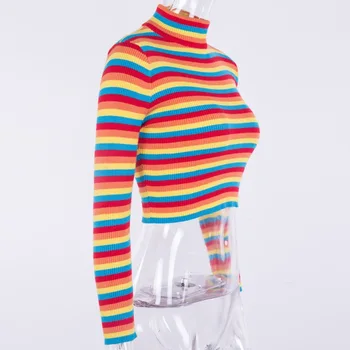 Moda Rainbow Cu Dungi Pulover Tricotate Femei Pulovere Guler Jumper Sueter Slim Cu Maneca Lunga Tricotaje Trunchiate Topuri Colorate