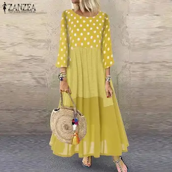 Moda Rochie cu Buline pentru Femei Mozaic Sundress ZANZEA 2021 Casual cu Maneca Lunga Tunica Vestidos de sex Feminin Bumbac Bagyy Halat de Femme