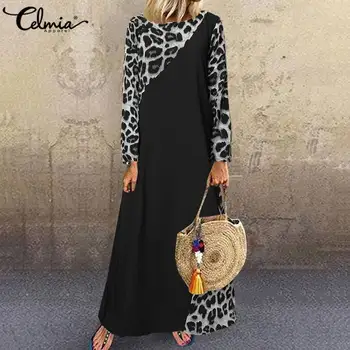 Moda Rochie Lunga Celmia Femei Boem Mozaic Leopard Imprimate Rochie Casual cu Maneci Lungi Vrac Maxi Vestidos Caftan Halat 5XL