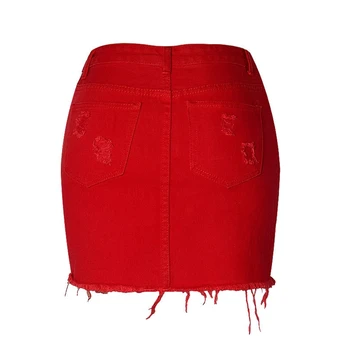 Moda sexy femei blugi talie mare sac de șold denim fusta roșie de mari dimensiuni neregulate nou gaură de gheață de culoare crem fusta mini B018