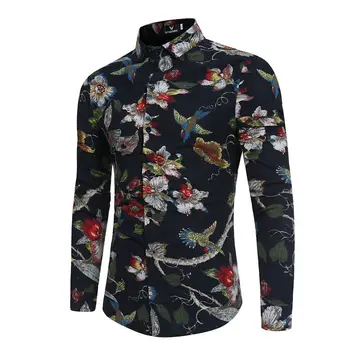 Moda Slim Fit Floare de Imprimare Lenjerie de pat din bumbac tricou Primavara Toamna Casual cu mâneci Lungi Tricou Barbati Florale Sociale Masculina haine