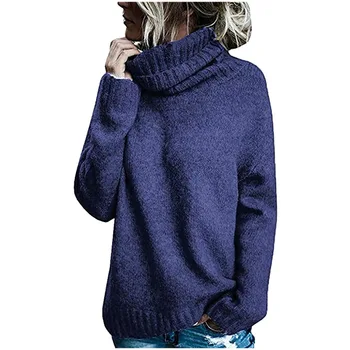 Moda solid cu mâneci lungi pulover casual liber de înaltă gât tricot Femei culoare solidă pulover de sus