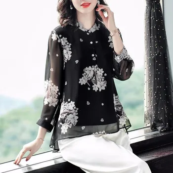 Moda Stand De Guler Floral Imprimare Șifon Tricou Femei Maneca 3/4 Mari Dimensiuni Buton De Slăbit Decor Cusut Bluza Femei 2020