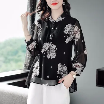 Moda Stand De Guler Floral Imprimare Șifon Tricou Femei Maneca 3/4 Mari Dimensiuni Buton De Slăbit Decor Cusut Bluza Femei 2020