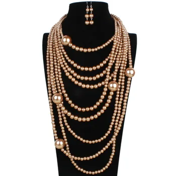 Moda Stratificat Simulate Perla Mare Guler Cravată Colier Cercei Seturi De Bijuterii Femei Indiene Declarația Mare Cravată Colier
