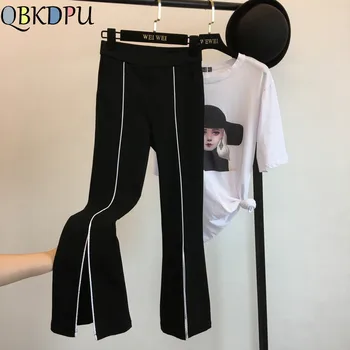 Moda streetwear negru clopot-fund pantaloni femei formale birou Split Slim Evazate Pantaloni plus dimensiune talie Elastic pantaloni Flare