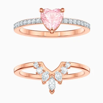 Moda SWA UNUL Nou Set Inel de Aur a Crescut Proaspete Dublu Roz în Formă de Inimă de Cristal de sex Feminin Inel de Logodna Cadou Romantic