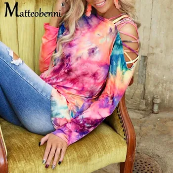 Moda Tie-Dye Imprimare cu Maneca Lunga-rochie fara Bretele Sexy Liber Casual pentru Femei T-Shirt 2021 Primavara Toamna Femei T Shirt Topuri