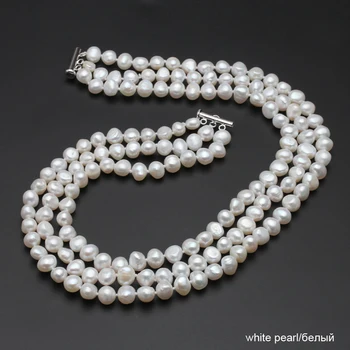Moda Trei strat Colier de Perle de 8-9MM Natural negru de apă dulce Pearl Colier stil Baroc pentru Femei Bijuterii Perla