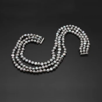 Moda Trei strat Colier de Perle de 8-9MM Natural negru de apă dulce Pearl Colier stil Baroc pentru Femei Bijuterii Perla