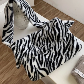 Model Zebra Faux Blana Femei De Saci De Umăr, Sac De Mare Capacitate De Iarnă De Pluș Crossbody Sac De Mesager Mare Geanta Shopper Cu Blană Geanta