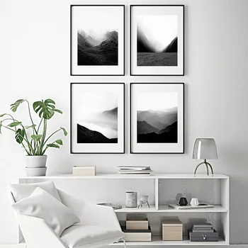 Modern, Natura, Arta de Perete de Ceață Munții Panza Tablou Peisaj Negru Postere si Printuri Alb Imagini pentru Living Decorul Camerei