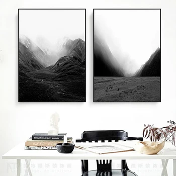 Modern, Natura, Arta de Perete de Ceață Munții Panza Tablou Peisaj Negru Postere si Printuri Alb Imagini pentru Living Decorul Camerei