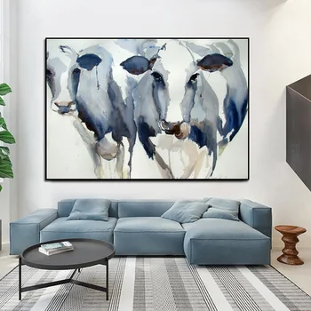 Modern Nordic Arta Abstractă Acuarelă Albastru Vaca Animal Postere si Printuri Panza Pictura Pentru Copii, Camera de zi Cuadros Decor Acasă