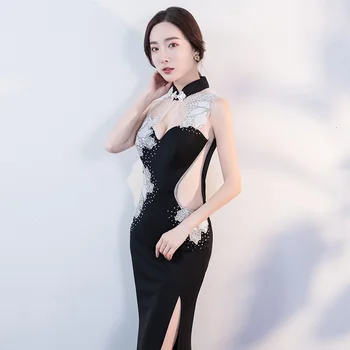 Modern Sexy Negru Vedea Prin Cheongsam Rochii Stil Oriental Partid Rochie Qi Pao Femei Chineză Rochie De Seara Qipao Promovare