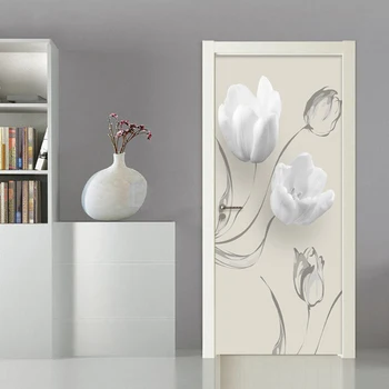 Modern, Simplu Flori Albe Ușa Autocolant Camera de zi Dormitor PVC autoadeziv rezistent la apa Mural Tapet Pentru Pereți 3 D Autocolante