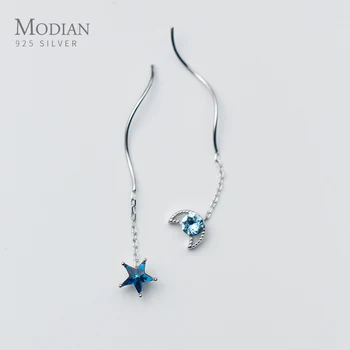 Modian Clasic Lung Lanț Tassel Picătură Cercei Pentru Femeile Reale Argint 925 Clar Cristal Albastru Stele Luna De Bijuterii Cadou