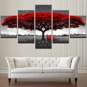 Modular Panza HD Printuri Postere de Perete Decor Acasă Imagini de Artă 5 Piese Copac Roșu de Artă Peisaj Picturi Peisaj Cadru PENGDA
