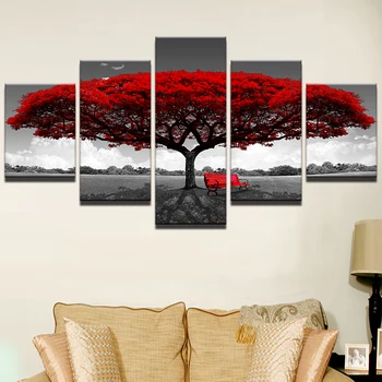 Modular Panza HD Printuri Postere de Perete Decor Acasă Imagini de Artă 5 Piese Copac Roșu de Artă Peisaj Picturi Peisaj Cadru PENGDA