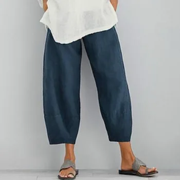 MONERFFI Epocă Solid Pantaloni Femei Pantaloni Casual, Talie Elastic Lenjerie de pat din Bumbac Largi Picior Pantaloni Largi Pantalon de Vara Plus Dimensiune