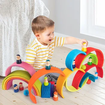 Montessori Curcubeu Waldorf Jucării Bloc Devreme Leranning De Învățământ Stivuitor De Creatie Rainbow Blocuri Jucarii Din Lemn Pentru Copii