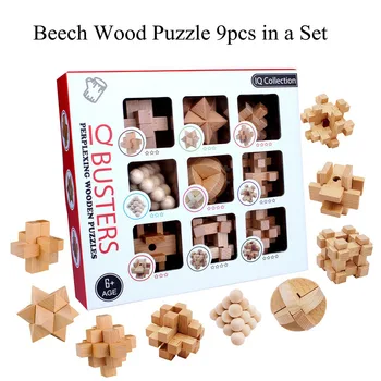 Montessori Jucarii din Lemn 9pcs Tradițională Chineză Puzzle Inteligenta Jucărie Puzzle-uri din Lemn Luban Blocare Jucărie de Învățământ