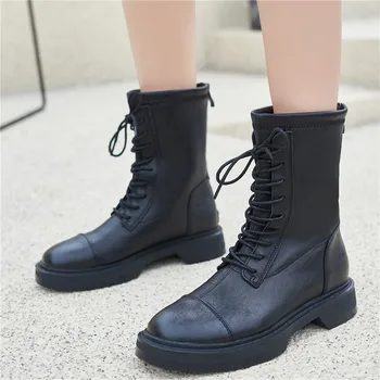 MORAZORA 2021 Noi, Originale, cizme din piele pentru femei dantelă sus toc pătrat negru primavara toamna întinde glezna cizme pentru femei pantofi