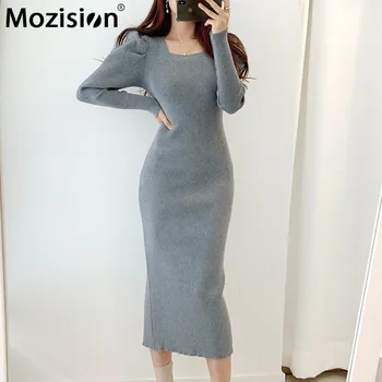 Mozision Puf-maneca Pătrat Guler Tricotate Rochie Pentru Femei Solide Complet Maneca Split Rochii Doamnelor Iarna 2021 Rochie Eleganta