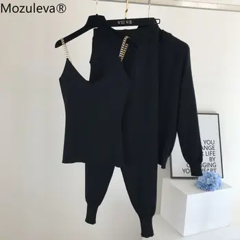Mozuleva Femei 2020 Toamna Iarna Tricotate Vesta cu Fermoar, Jachete Pantaloni 3pcs Seturi Treninguri Costume