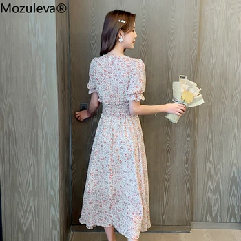 Mozuleva Vară Talie Subțire Imprimare Florale Șifon Femei Rochie Femei Rochie a-line Elegant Elegant Dantela-Up Midi Vestidos Femme 2020