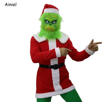 Moș Crăciun Grinch Costume Cosplay Cum a Furat Crăciunul Costum Adult, Bărbați de Crăciun Casca cu Părul Verde pentru Femei Copii