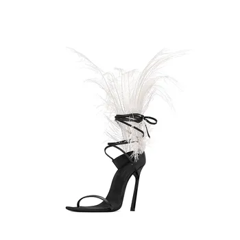 MStacchi Pene Negre Sandale pentru femei Struț de păr decor tocuri Subtiri de mare Pantofi de dans doamnelor Blana Sandale T Show Pantofi de Partid