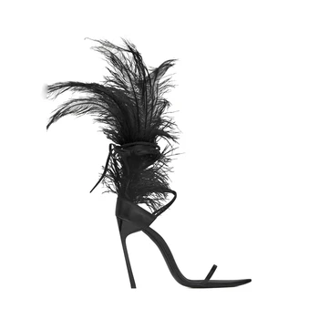 MStacchi Pene Negre Sandale pentru femei Struț de păr decor tocuri Subtiri de mare Pantofi de dans doamnelor Blana Sandale T Show Pantofi de Partid