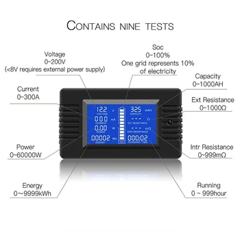 Multifuncțional Monitor Baterie Metru,0-200V,0-300A (Aplicate pe scară Largă La 12V/24V/48V RV/Baterie de Masina) Ecran LCD Digital de Curent Vol