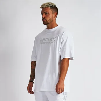 Muscleguys Brand Supradimensionat tricou Barbati Scăzut Umăr Maneca Scurta Fitness Tricou de Vară Liber de Sport Îmbrăcăminte Culturism Topuri
