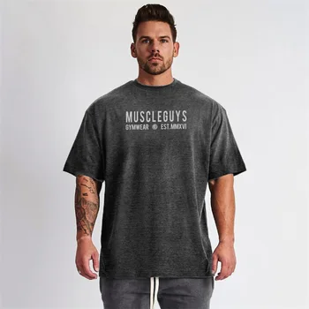 Muscleguys Brand Supradimensionat tricou Barbati Scăzut Umăr Maneca Scurta Fitness Tricou de Vară Liber de Sport Îmbrăcăminte Culturism Topuri